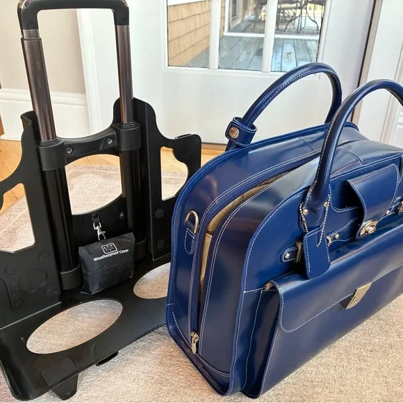McKlein Blue Leather Briefcase for 15" Laptop with Wheels - Picture 5 of 7